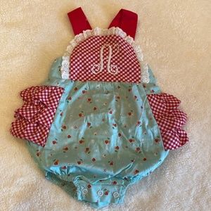 Ricrack and Ruffles 6/9 month strawberry bubble A mono